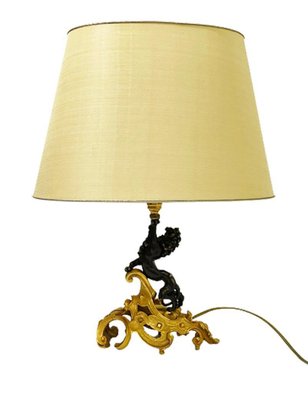 Bronze Lamp with Curled Leaf Gilded Base and Standing Lion-UCH-1226403