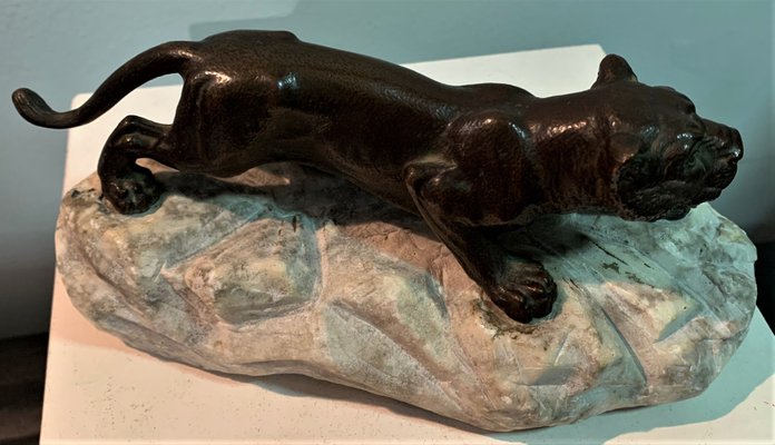 Bronze Lioness on Stone, 1930s-IKW-801003