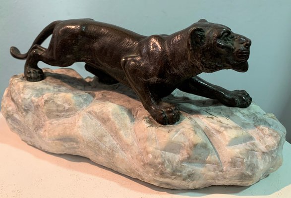 Bronze Lioness on Stone, 1930s-IKW-801003