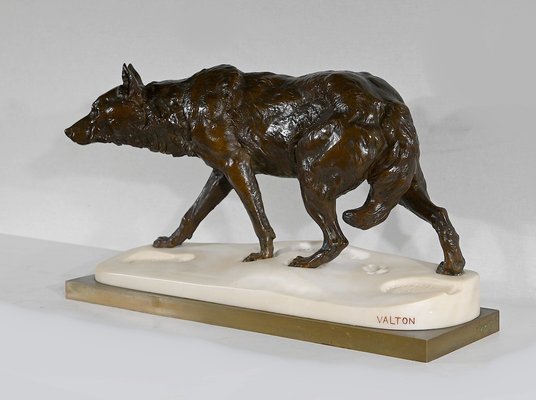 Bronze & Marble Wolf Walking in the Snow from Valton, 1800s-RVK-1406305