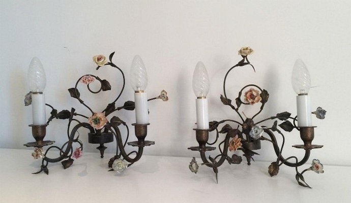 Bronze & Porcelain Wall Lamps with Flowers, 1920s, Set of 2-BA-1365656