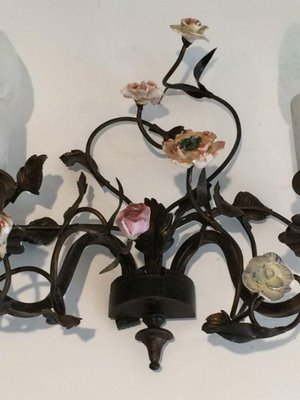 Bronze & Porcelain Wall Lamps with Flowers, 1920s, Set of 2-BA-1365656