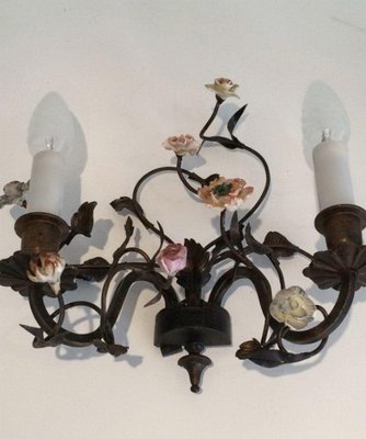 Bronze & Porcelain Wall Lamps with Flowers, 1920s, Set of 2-BA-1365656