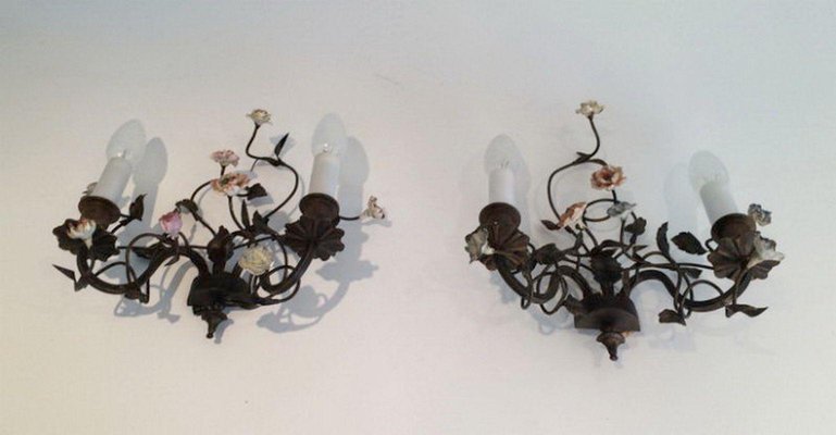 Bronze & Porcelain Wall Lamps with Flowers, 1920s, Set of 2-BA-1365656