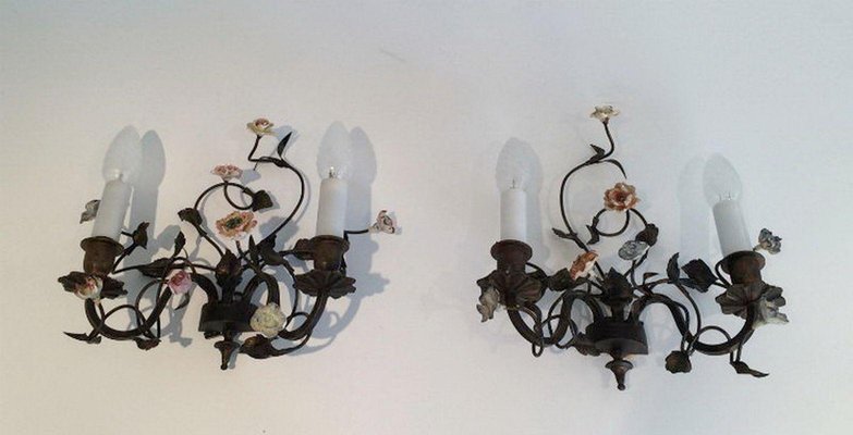 Bronze & Porcelain Wall Lamps with Flowers, 1920s, Set of 2-BA-1365656