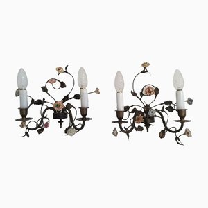 Bronze & Porcelain Wall Lamps with Flowers, 1920s, Set of 2-BA-1365656