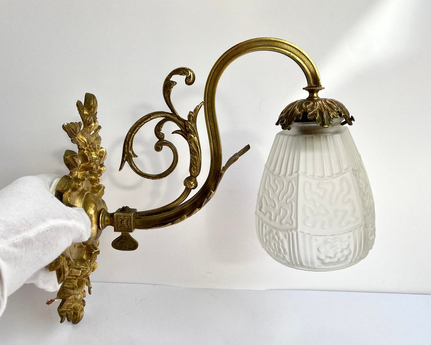 Bronze Sconce with White Glass Lampshade, France, 1930s