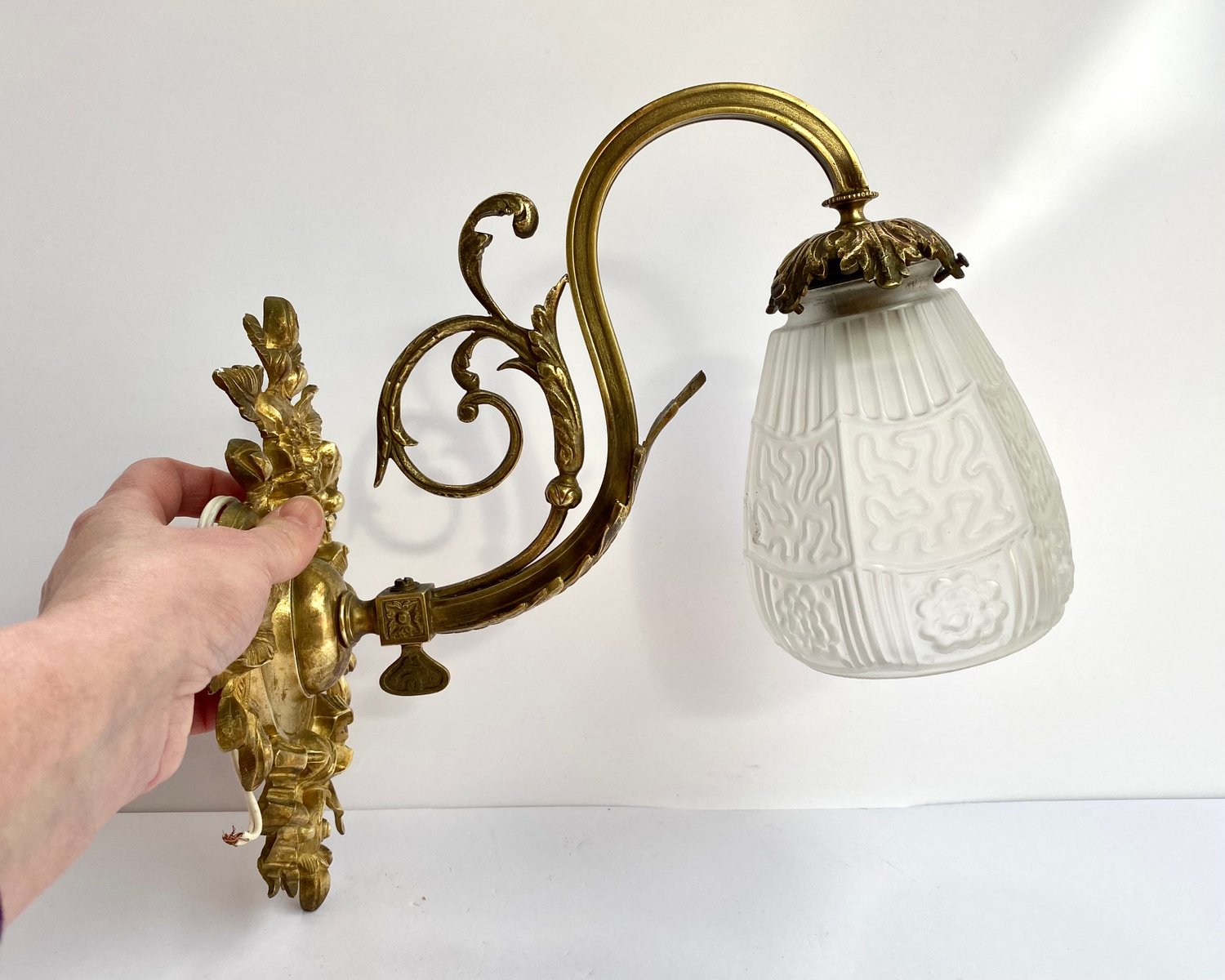 Bronze Sconce with White Glass Lampshade, France, 1930s