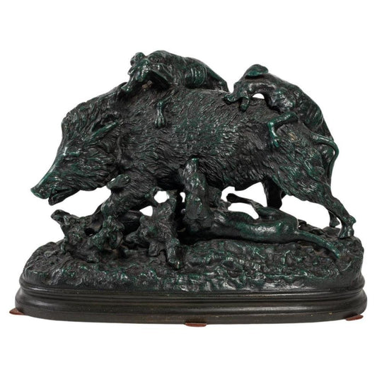 Bronze Sculpture Hunting Dogs Assaulting the Wild Boar