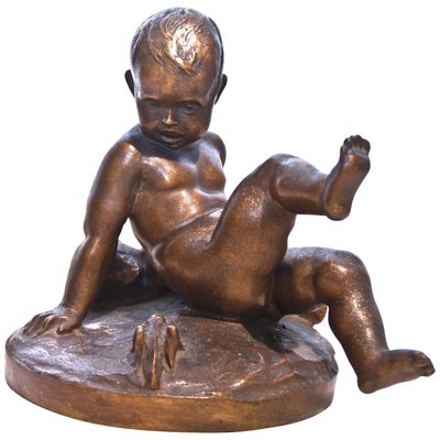 Bronze Sculpture of Child with Teddy Bear and Grasshopper by Pietro Piraino, 1940s-ZCI-751897