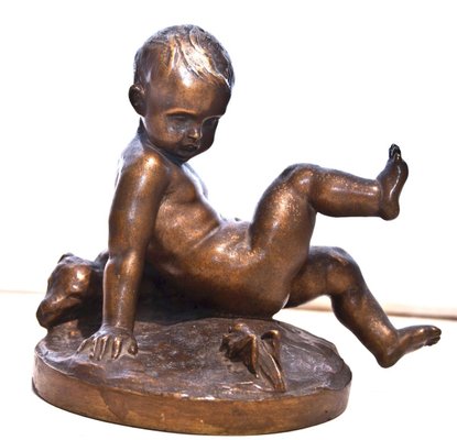 Bronze Sculpture of Child with Teddy Bear and Grasshopper by Pietro Piraino, 1940s-ZCI-751897