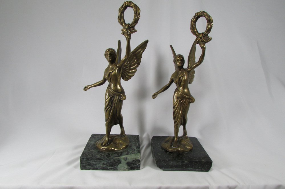 Bronze Statuettes on Marble Bases, Set of 2