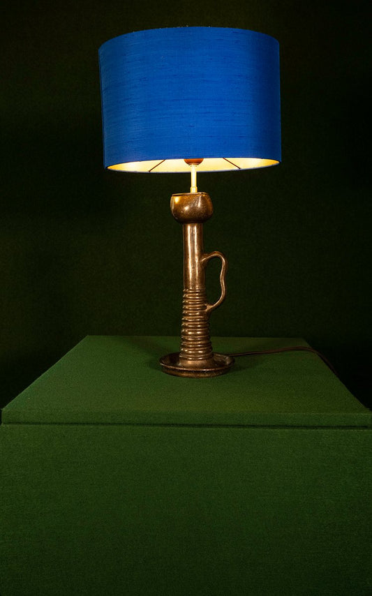 Bronze Table Lamp with Oval Lampshade in Royal Blue Silk