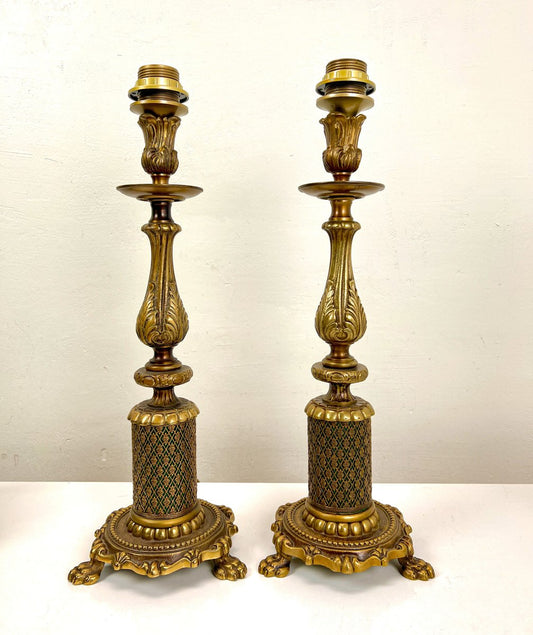 Bronze Table Lamps with Filligree Guilloche on Claw Feet, 1940s, Set of 2