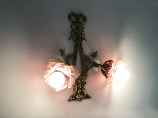 Bronze Wall Sconces with 2-Armed Knots with Purple Tulips, 1940s, Set of 2