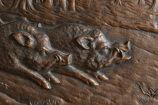 Bronze Wild Boar Relief Plaque by H Henjes, 1880-ZZH-1020037