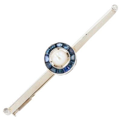 Brooch in 18K White Gold with Sapphires and Pearl, 1930s-OLU-1254976