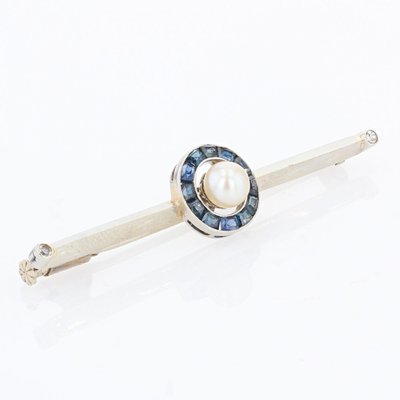 Brooch in 18K White Gold with Sapphires and Pearl, 1930s-OLU-1254976