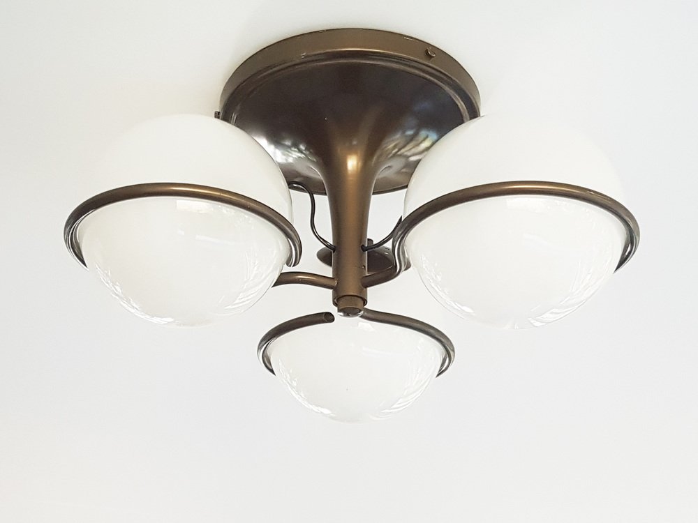 Brown and Bronze Metal 2042/3 Ceiling Lamp with Sandblasted Glass Shades by Sarfatti for Arteluce, 1963