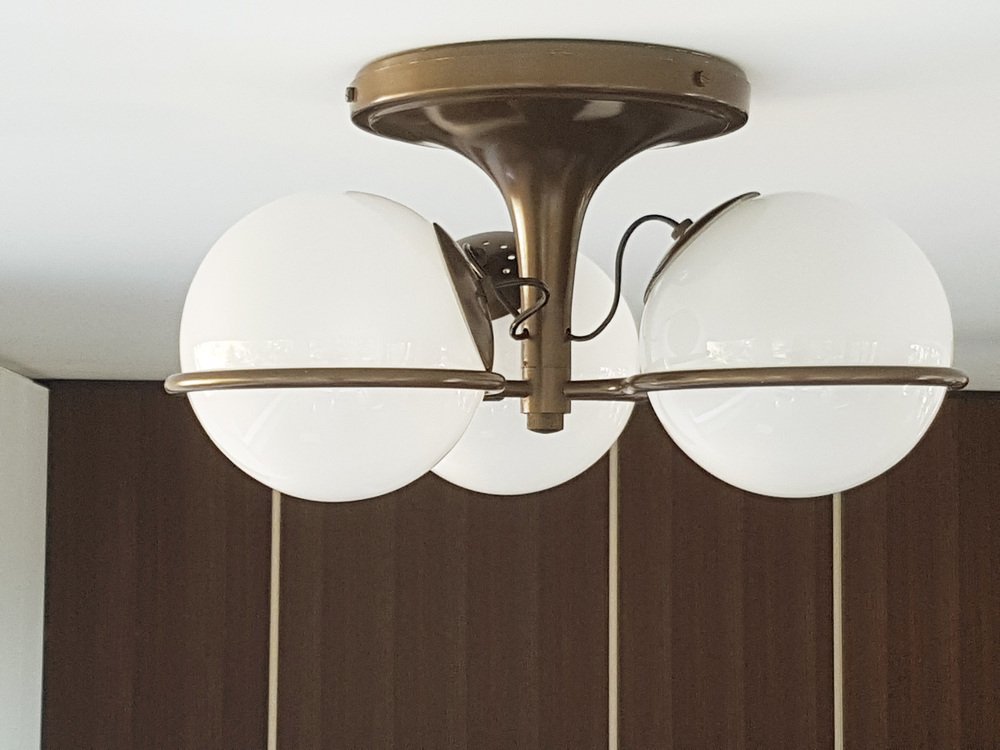 Brown and Bronze Metal 2042/3 Ceiling Lamp with Sandblasted Glass Shades by Sarfatti for Arteluce, 1963