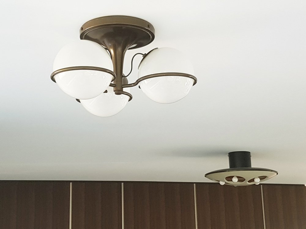 Brown and Bronze Metal 2042/3 Ceiling Lamp with Sandblasted Glass Shades by Sarfatti for Arteluce, 1963