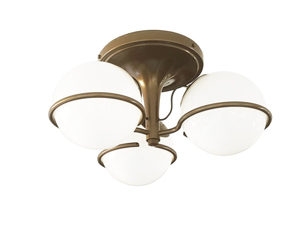 Brown and Bronze Metal 2042/3 Ceiling Lamp with Sandblasted Glass Shades by Sarfatti for Arteluce, 1963