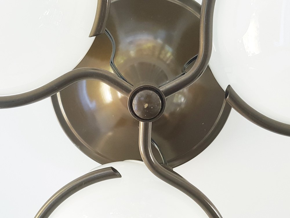 Brown and Bronze Metal 2042/3 Ceiling Lamp with Sandblasted Glass Shades by Sarfatti for Arteluce, 1963