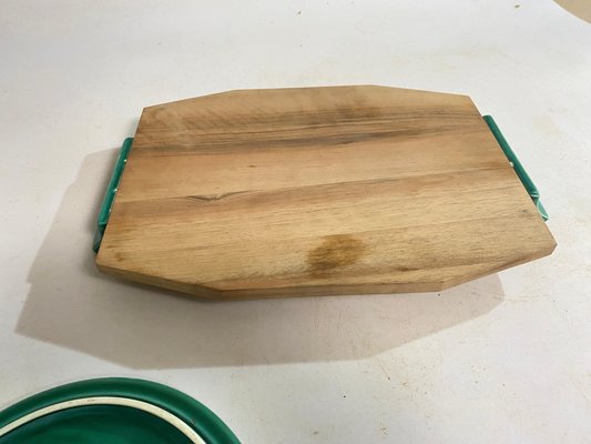 Brown and Green Cheese Tray in Ceramic and Wood, France, 1970s-UR-1726577