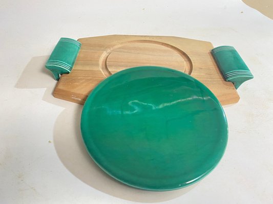 Brown and Green Cheese Tray in Ceramic and Wood, France, 1970s-UR-1726577