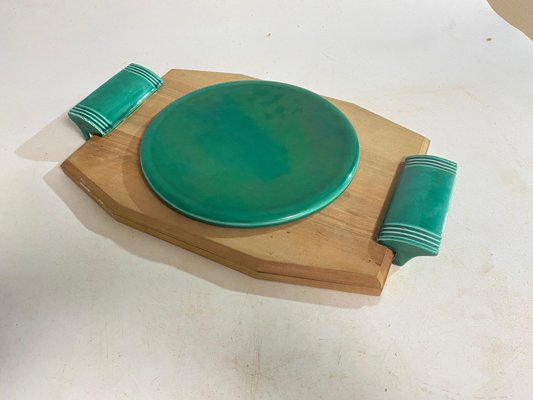 Brown and Green Cheese Tray in Ceramic and Wood, France, 1970s-UR-1726577