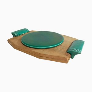 Brown and Green Cheese Tray in Ceramic and Wood, France, 1970s-UR-1726577