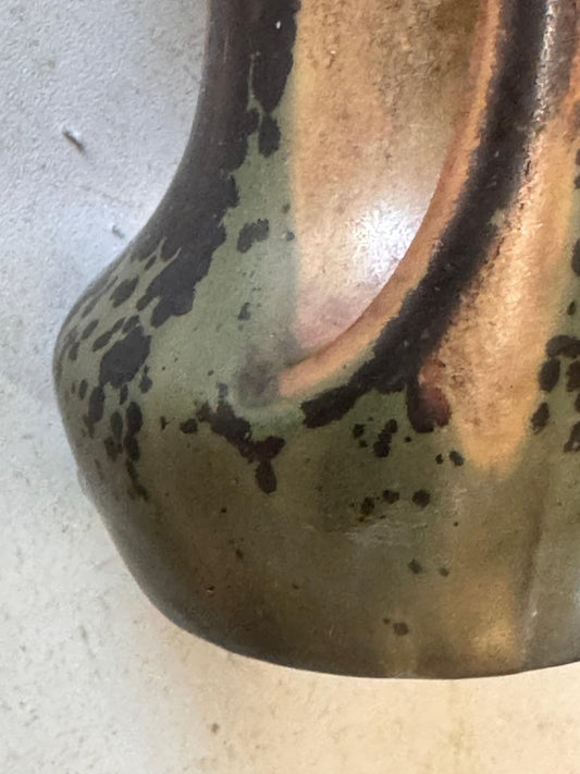 Brown and Green Color Stoneware Enameled Vase with 2 Handles, France, 1960s