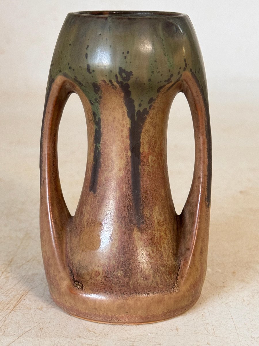 Brown and Green Color Stoneware Enameled Vase with 2 Handles, France, 1960s