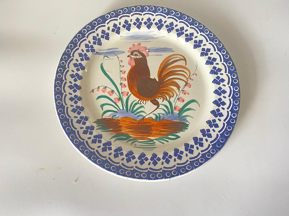 Brown and Green Dish with Rooster in Italian Faïence, 19th Century