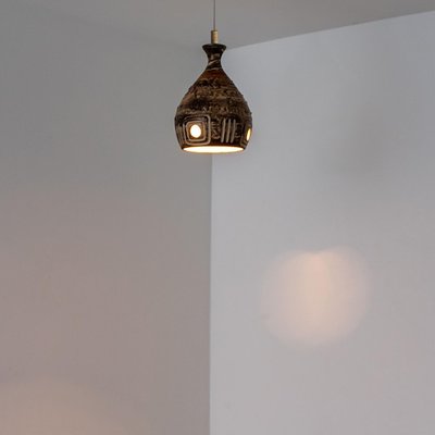 Brown Beige Ceramic Pendant Light, Denmark, 1970s-VDW-1756146