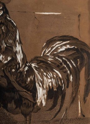 Brown & Black Rooster, 20th-Century, Pencil on Paper, Framed-WFS-1263028