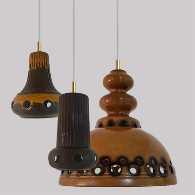 Brown Glazed Ceramic Pendant Lights, Germany, 1970s, Set of 3-VDW-1784695