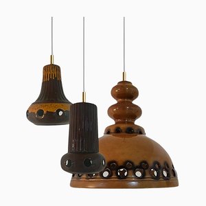 Brown Glazed Ceramic Pendant Lights, Germany, 1970s, Set of 3-VDW-1784695