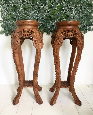 Brown Hand Carved Plant Pedestals, Set of 2-LL-1353124