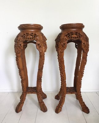 Brown Hand Carved Plant Pedestals, Set of 2-LL-1353124