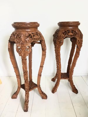 Brown Hand Carved Plant Pedestals, Set of 2-LL-1353124