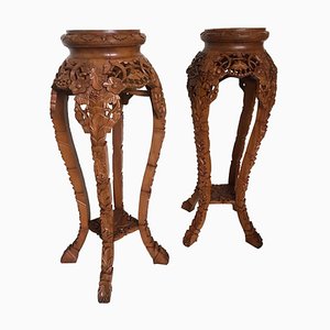 Brown Hand Carved Plant Pedestals, Set of 2-LL-1353124