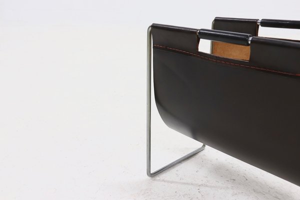 Brown Leather and Chrome Magazine Rack from Brabantia, 1970s-VV-1823087