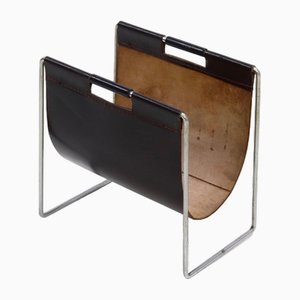 Brown Leather and Chrome Magazine Rack from Brabantia, 1970s-VV-1823087