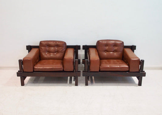 Brown Leather and Hardwood Armchairs attributed to Sergio Rodrigues, 1960s, Set of 2