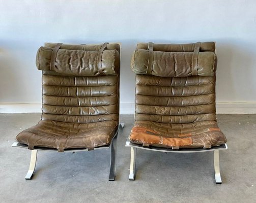 Brown Leather and Steel Ari Lounge Chairs by Arne Norell for Arne Norell Ab, 1960s, Set of 2-ZYF-2033732