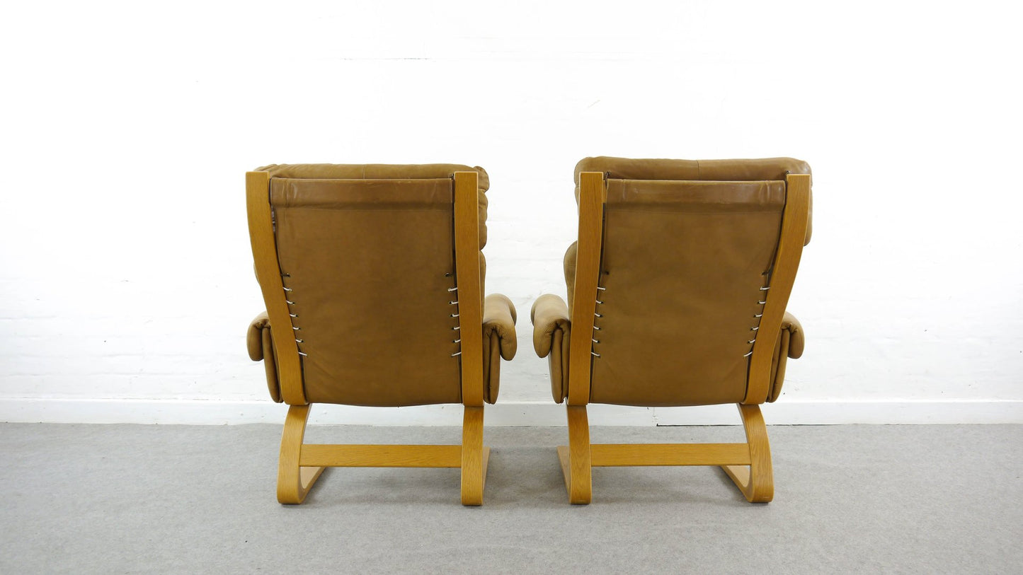 Brown Leather Armchairs by Elsa & Nordahl Solheim for Rybo Rykken & Co, 1970s, Set of 2