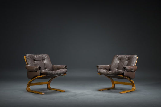 Brown Leather Armchairs by Elsa & Nordahl Solheim for Rybo Rykken & Co., 1970s, Set of 2