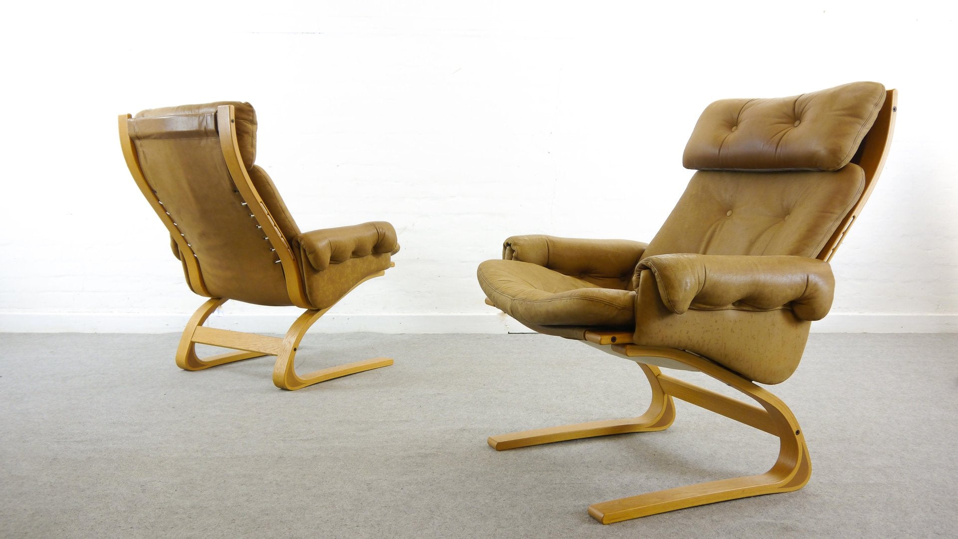 Brown Leather Armchairs by Elsa & Nordahl Solheim for Rybo Rykken & Co, 1970s, Set of 2