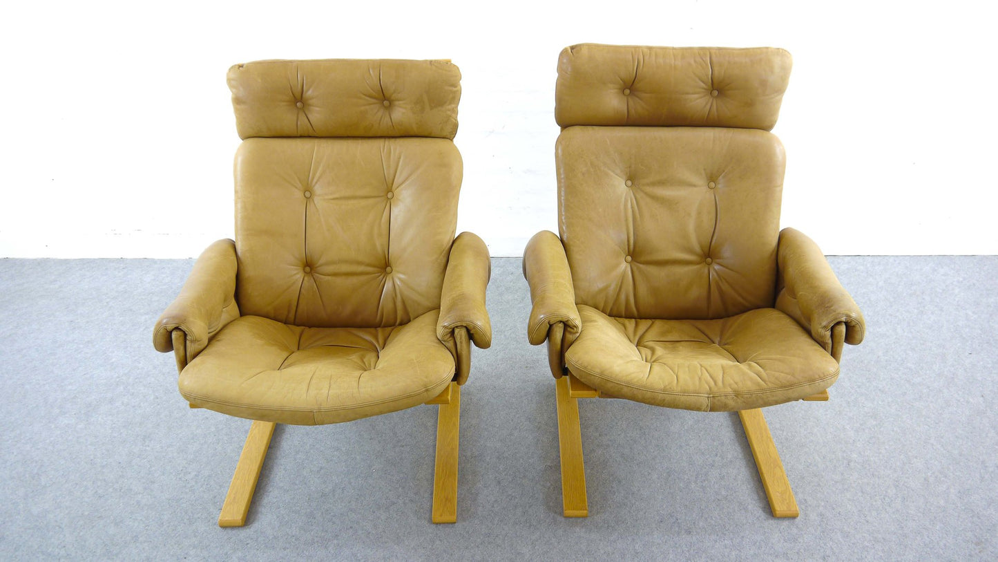 Brown Leather Armchairs by Elsa & Nordahl Solheim for Rybo Rykken & Co, 1970s, Set of 2